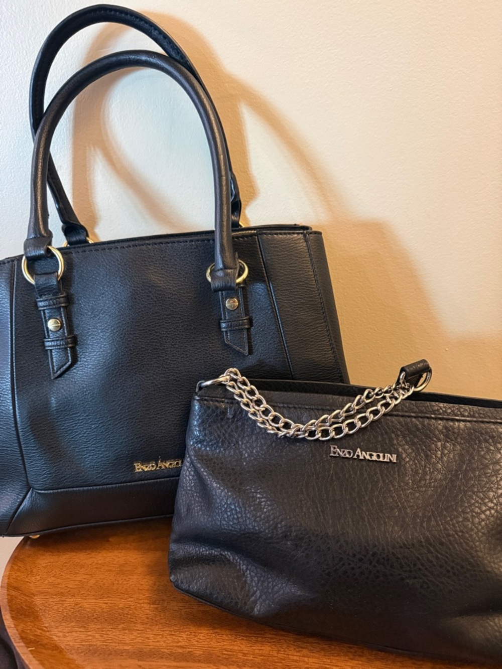 Enzo Angiolini Black Leather Double Bag Set with Silver Chain Detail lot